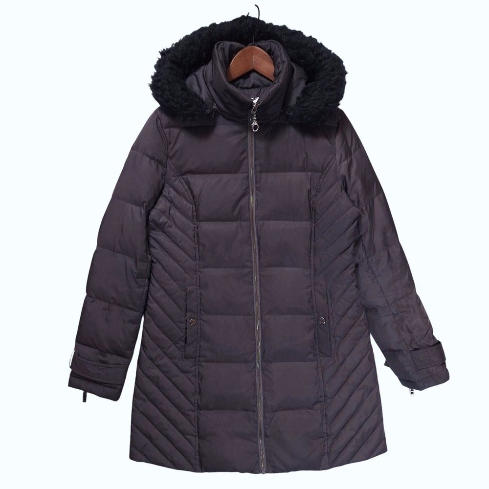 Kenneth Cole New York Down Puffer Coat Women's M Fur Trim‎ Hooded Gray Jacket